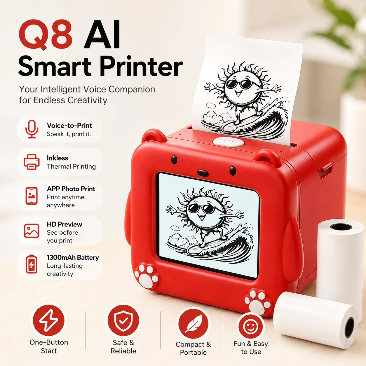 Portable Kids AI Drawing Thermal Printer 6 Art Styles 2 Types Paper Bluetooth Voice Recognition Inkless Printer for Toddler