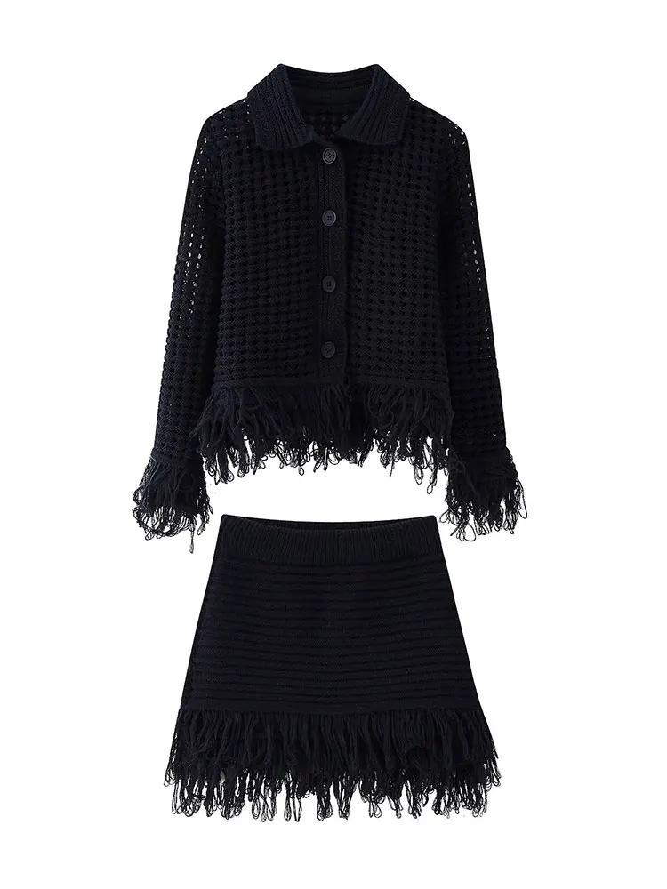 HH Female Vintage Knitted Solid 2 Piece Set Long Sleeve Single Breasted Lapel Tassel Hem Cardigan+Elastic Waist A-line Skirt