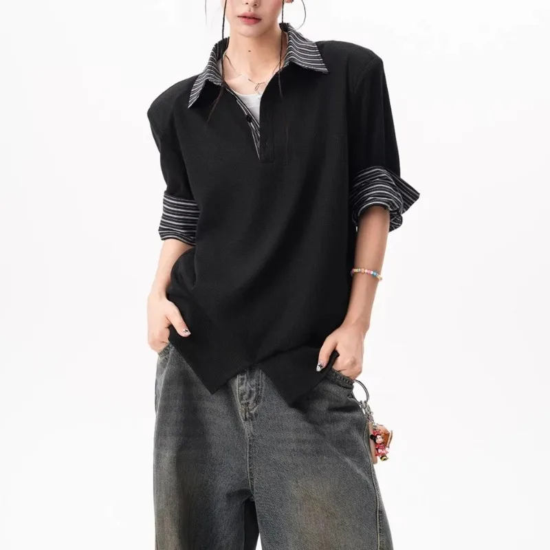 Women's Striped Patchwork Two-piece Shirt Summer Retro Color Block Casual Couple T-shirt