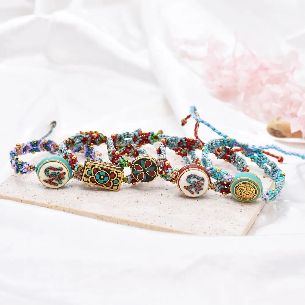 

Retro Beads Weave Bracelets Colorful Handmade Tibetan Rope Bracelet Braided Copper Beads Braided Wrap Wristband Festival Wear