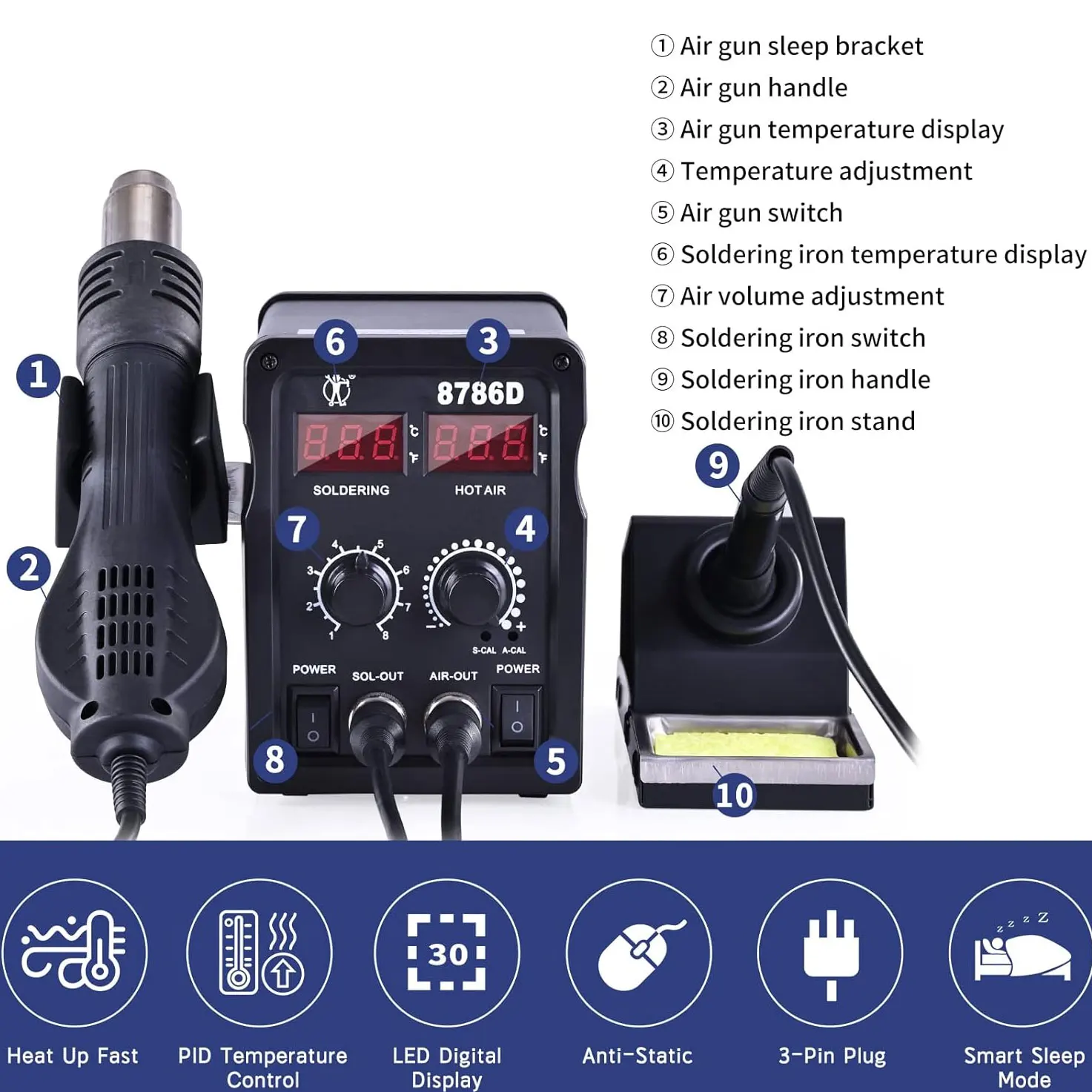 8786D 2-in-1 Soldering Iron Hot Air Gun Smart Digital Display Rework Station Electronic Component Repair Tool