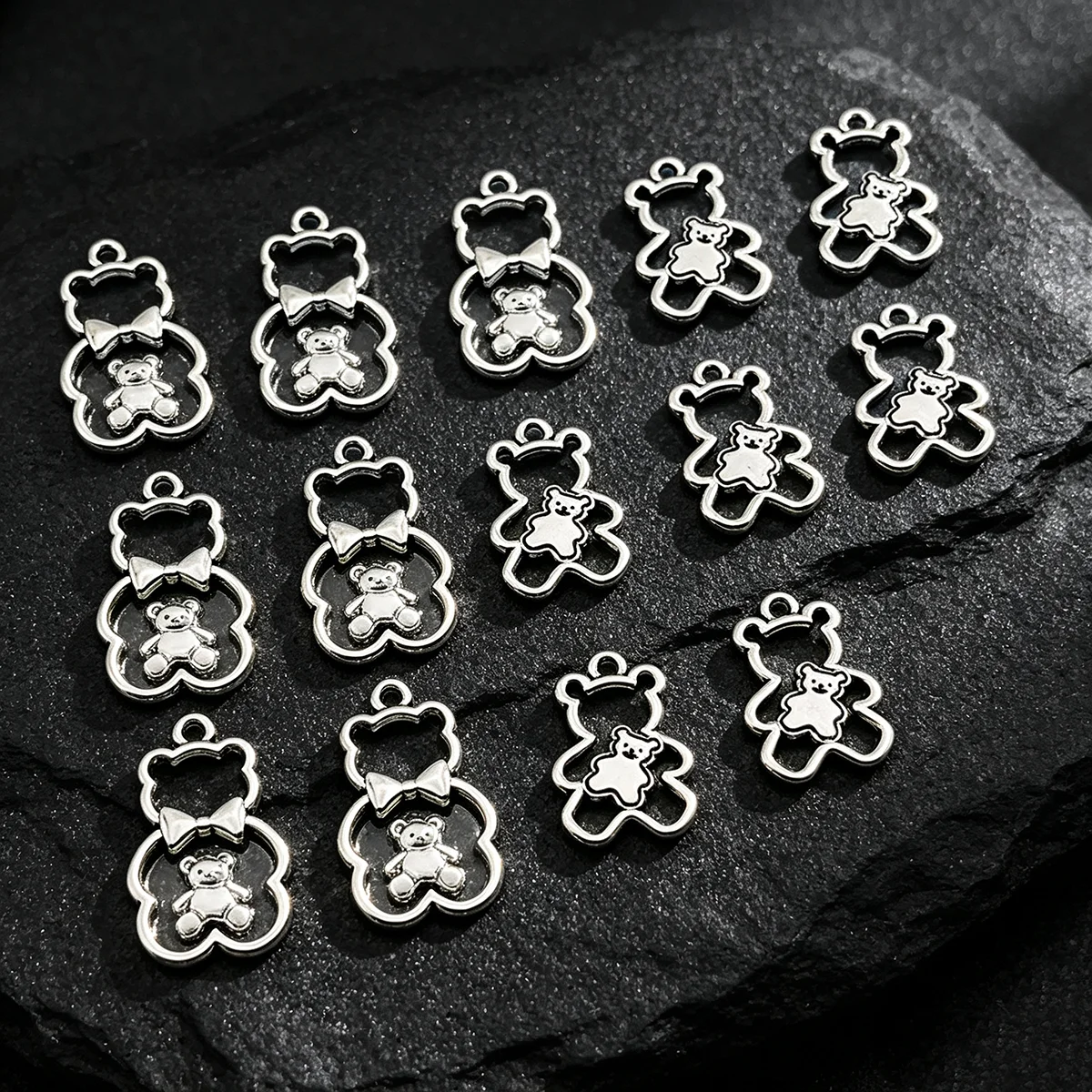 14-Piece Set of DIY Handmade Accessories, Featuring Two Styles: Bow-Shaped Hollow Bear and Embedded Bear, Suitable for DIY Bracelets, Necklaces, Earrings, Pendants, and Handmade Beaded Decoration Accessories