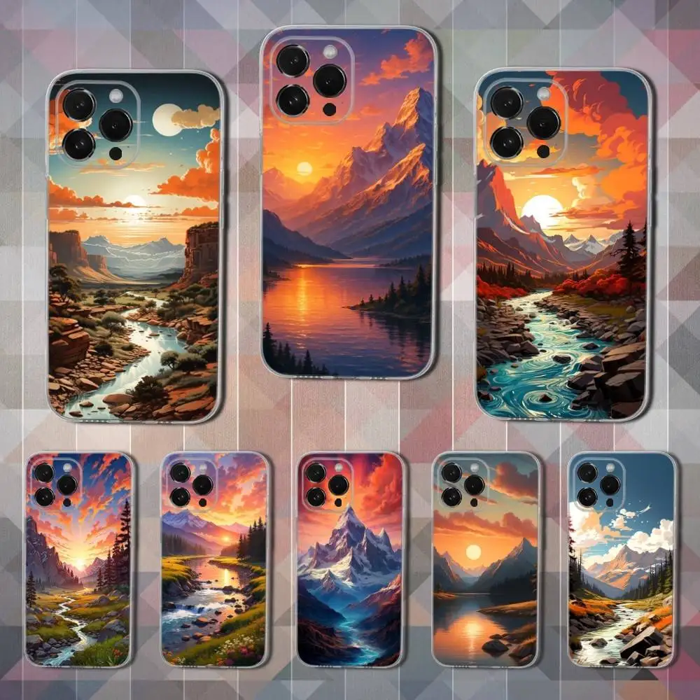 

Painting Art River Phone Case For iPhone 16,15,14,13,12,11 Pro,Max,Plus,X,XS,XR,SE,Mini Transparent Soft Cover
