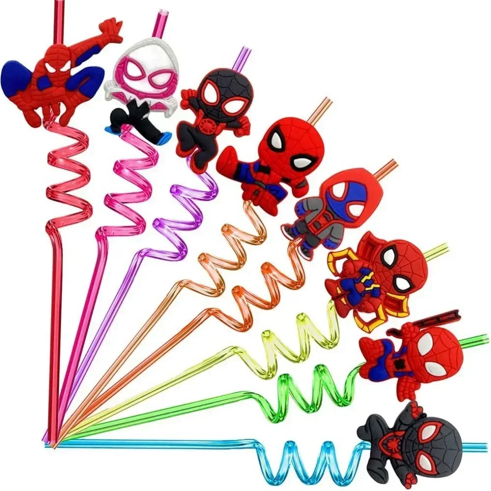 8pcs Disney Spidermans Straw Reusable Anime Iron-man Super-Heros Kids Birthday Party Decorations Baby Shower Party Supplies