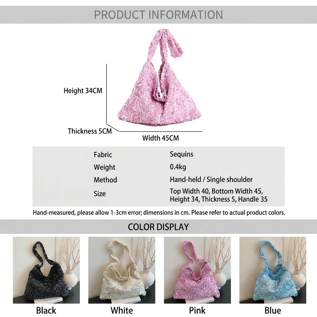 

Street Handbag Sequined Large Capacity Tote Women'S Sequined Tote Bag Street Trend Shoulder Tote Bag For Daily Commuting Short