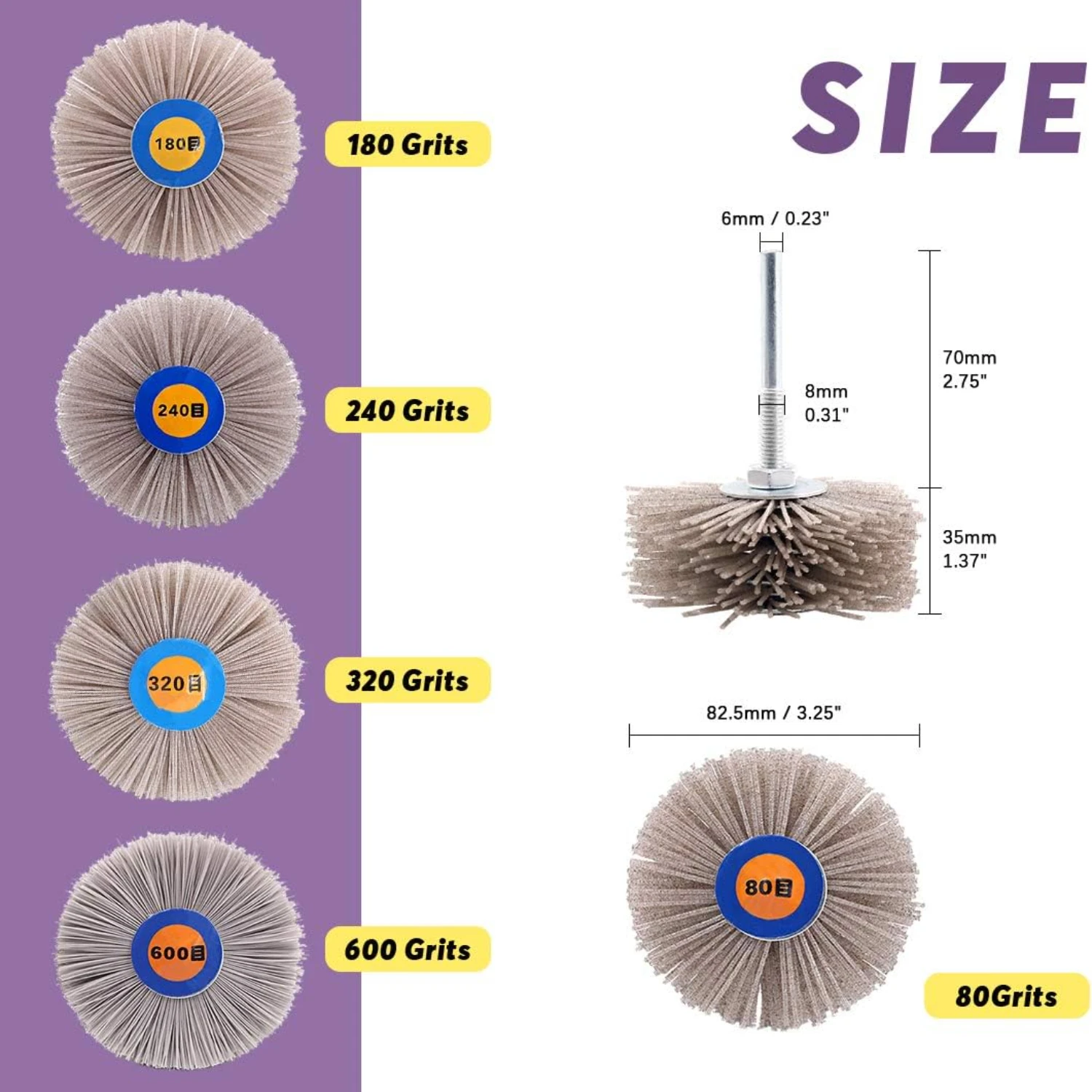 Assorted Kit of 5 Nylon Wheel Brush Abrasive Grinding Heads in 5 Sizes  80#, 180#, 240#, 320#, and 600#, with 6mm Threaded Shank