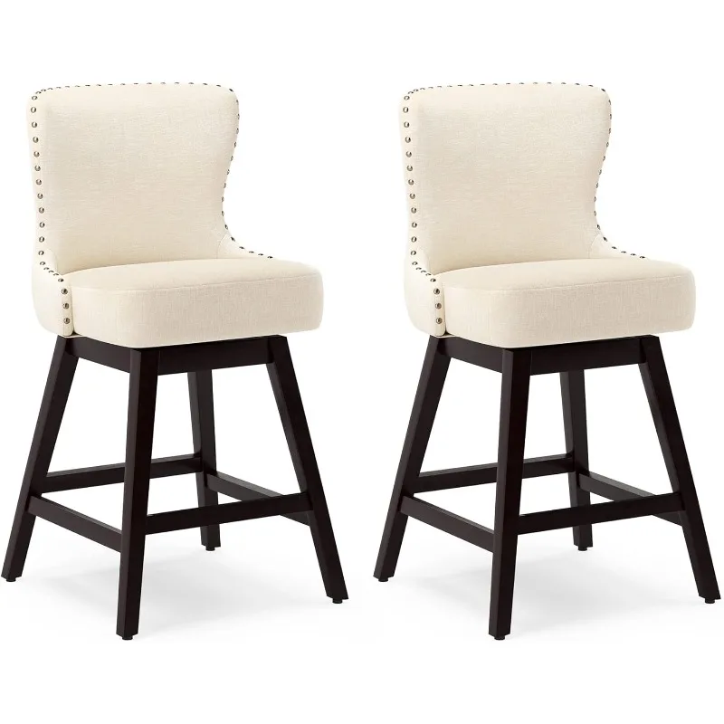 Counter Height Bar Stools Set of 2, 26" H Swivel Bar Stool with Back, Faux Leather Counter Stool, Solid Wood Legs