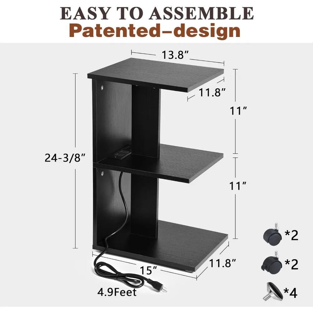 End Table with Charging Station, Narrow Side Tables for Small Spaces USB Ports and Outlets Rolling Bedside Nightstand