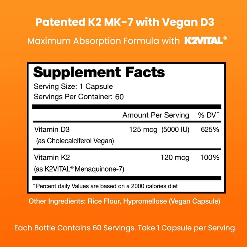 D3 contains K2 MK7 to supplement heart and bone health | 5000 IU of vitamin D 3 and 100 micrograms of vitamin K 2 MK-7