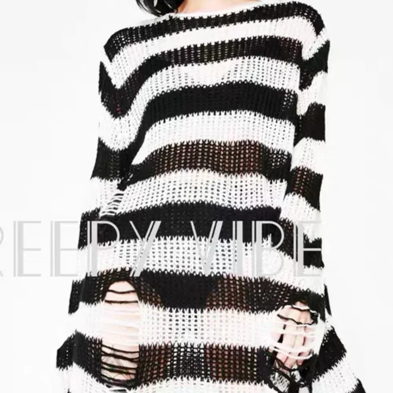 

Long Unisex Sweater New Punk Gothic Summer Women Striped Hollow Out Hole Broken Jumper Loose Rock Thin Dark Streetwear Top Cool