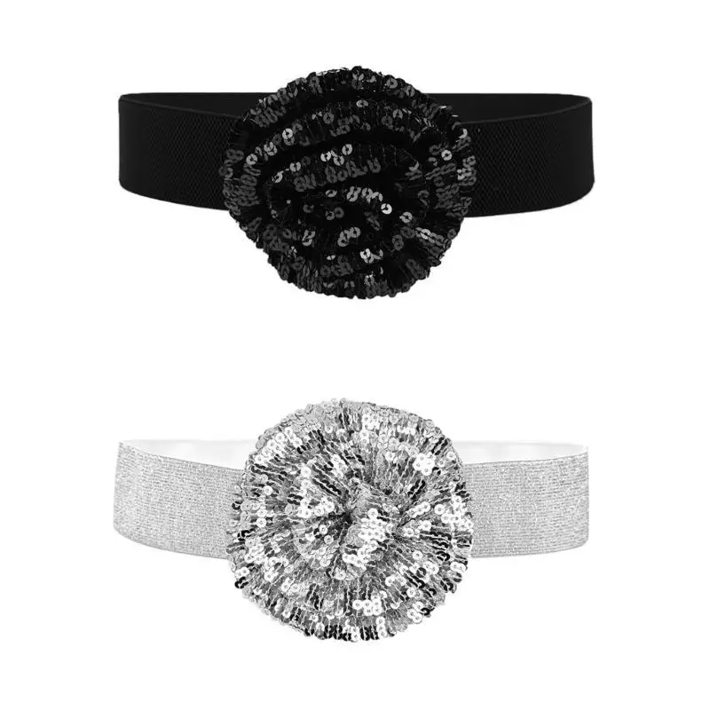 

A52E Wide Waist Chain Oversized Flower Buckles PU Belt for Women Proms Stage and Club Party Casual Wear Elaborate Jewelry