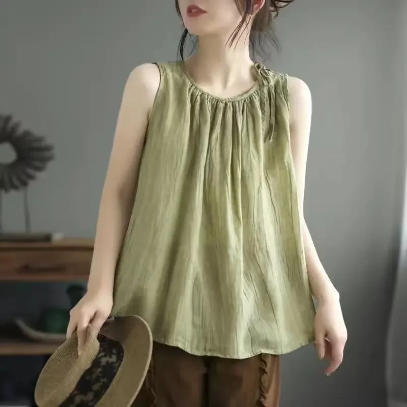 패션 솔리드 얇은 코튼 린넨 탱크 탑 여성 Camis Blusas 루즈 캐주얼 여름 민소매 셔츠 여성 의류 Camiseta Mujer