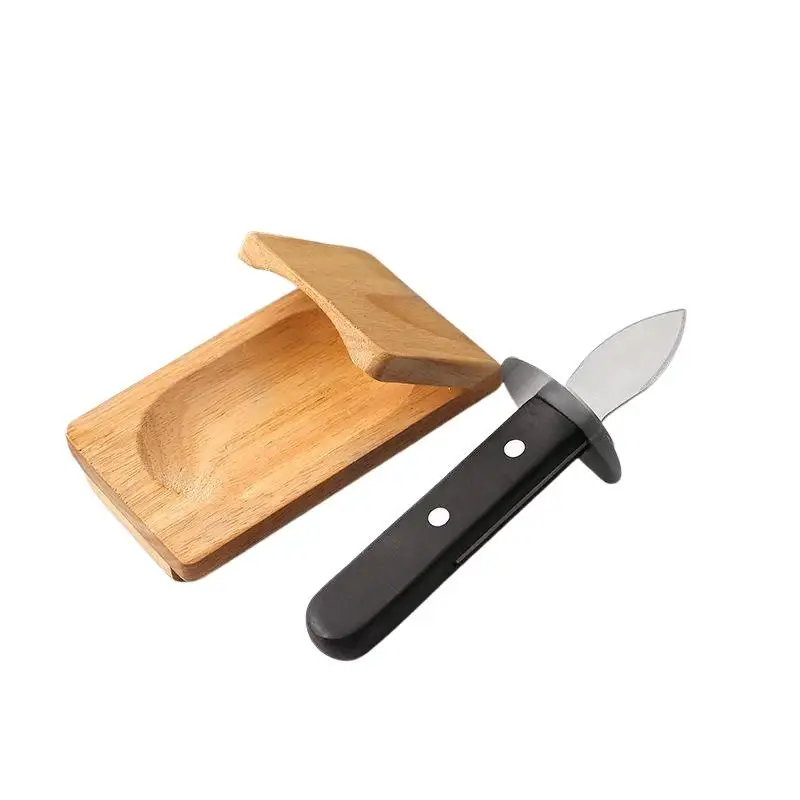 Stainless Steel Oyster Shucking Knife: Non Slip Handle Wooden Holding Base Home Kitchen Seafood Restaurant
