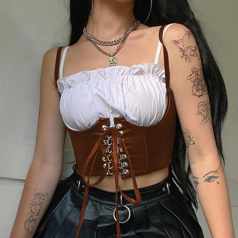 Women Fashion Sexy PU Leather Corset Goth Punk Lace-Up Bandage Black Bustier Streetwear Underbust Support Braces Shaper Top