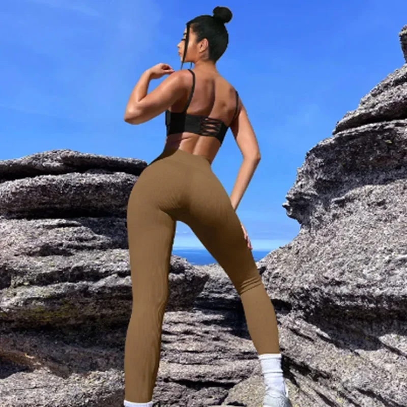 Yoga-Leggings für Damen, schmal geschnitten, lässige Leggings, nahtlos, hohe Taille, Yoga-Leggings, geripptes Muster, einfarbig, lang, für Damen