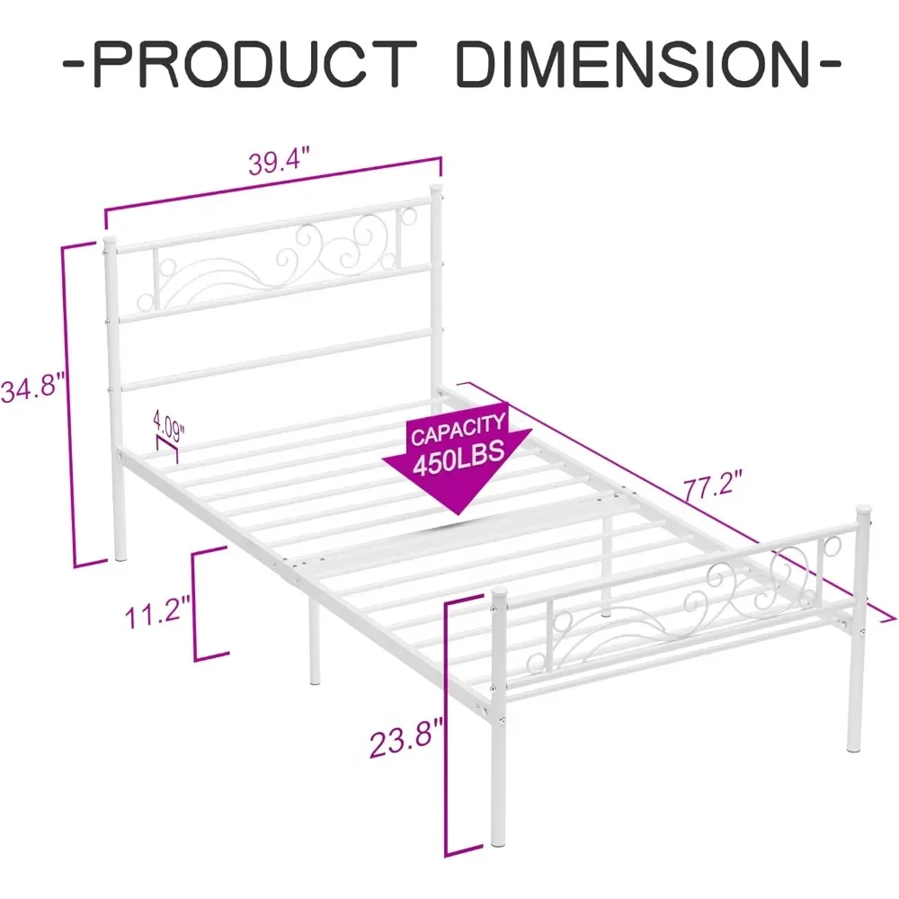 Twin Size Bed Frame with Headboard No Box Spring Needed Platform Single Bed for Kids, White