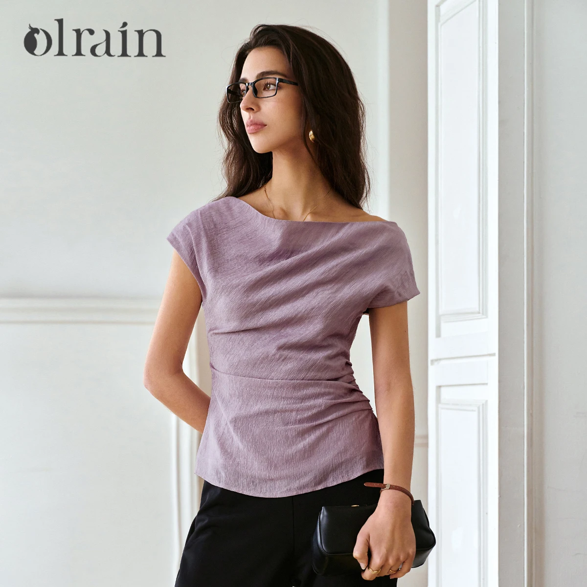 

OLrain Summer Blouses 2025 Woman Casual Purple Skew Collar French Shirt Slim-fit Pleats Irregular Versatile Lady Top O57XX99515