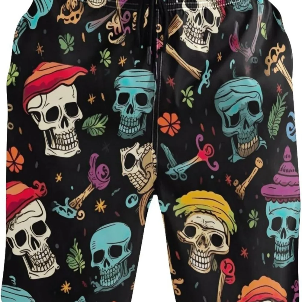 

Trendy Skull Pattern Casual Shorts Summer Breathable Beach Pants Loose Drawstring Shorts for Men Vacation Home Wear