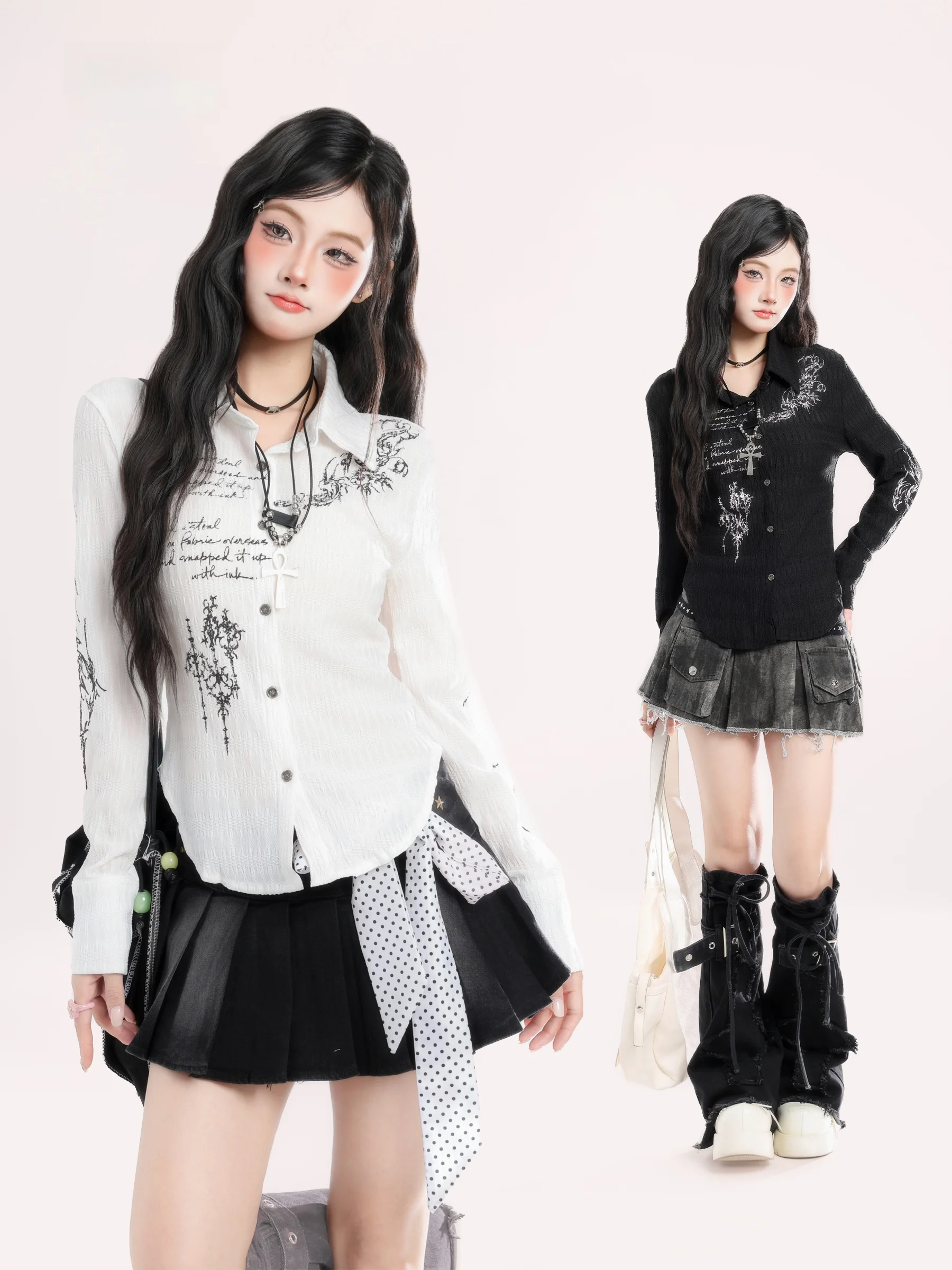 

HTYM American Style Long Sleeve Shirt Women's Slim Fit Texture Print Spring Fashion Breathable Comfortable Skin-friendly