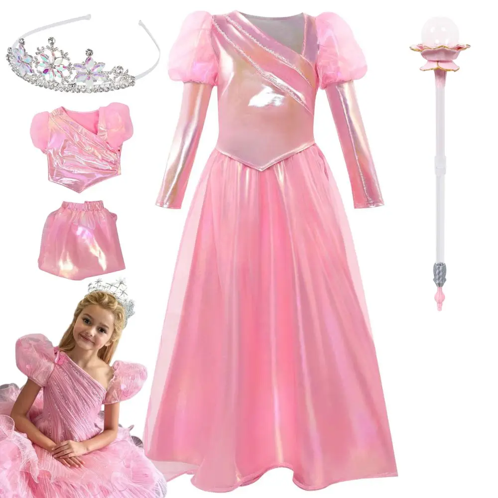 الشباب غليندا تأثيري الشريرة 2 لزي جيد للأطفال الفتيات تنورة عصا سحرية غليندا تاج لعب الأدوار هالوين كرنفال البدلة