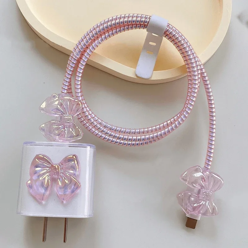 

3D Pink Bow Cable Charger Protector Cover For IPhone IPad 18W 20W Original Charger New Data Line Spiral Winder Protective