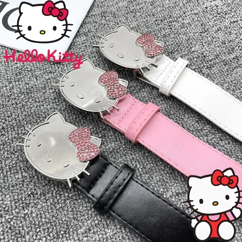 Sanrio Hello Kitty Pink Head KT Rhinestone Girl Heart Y2K Belt 105CM Cartoon PU Leather Belt Cool Girl Clothing Accessories Gift