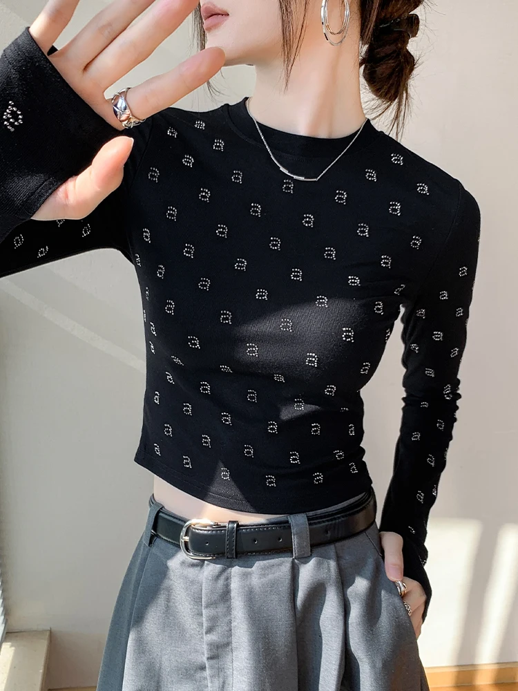 Round Neck Rhinestone Gloves Long-Sleeved T-shirt Women 2024 Spring New Fashion Shoulder Slim-Fit Rhinestone White Liner Top