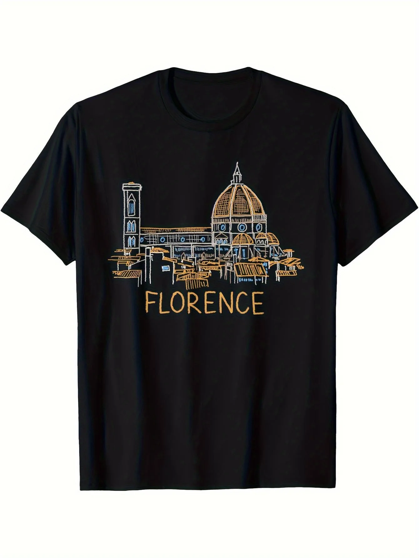 Men'S Graphic T-Shirt from Florence, Italy - A Casual Short-Sleeve Tee Featuring The Iconic Duomo And Bell Tower Design, in Black with Yellow Print, Model 180Gu33A1, Ideal for Travel Lovers And Everyday Wear, Italian-Themed Shirt