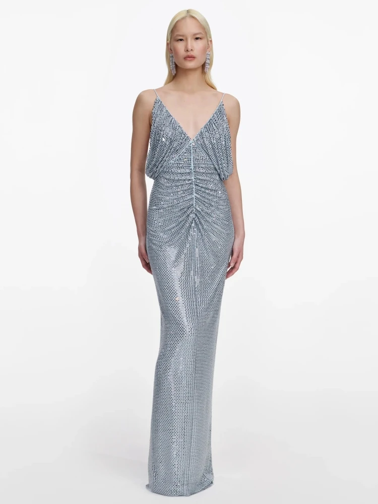 

Sexy Spaghetti Strap Shiny Diamonds Folds Long Dress Women Blue Sleeveless Backless Crystal Slim DressesEveing Party Gowns