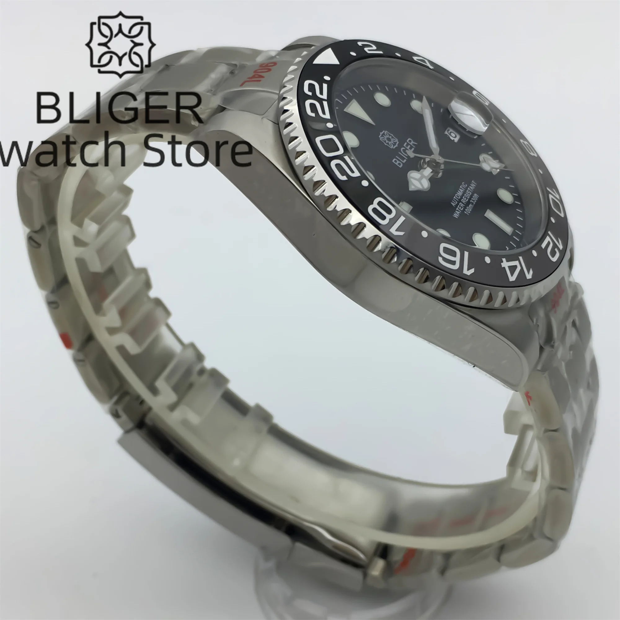 BLIGER 40mm GMT Watch For Men Black-gray Ceramic bezel Sapphire Glass Green GMT Text Green GMT Hand NH34 GMT Mechanical Watch