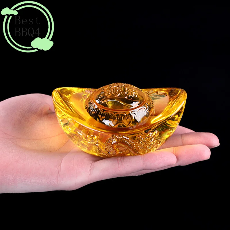 BBQ4 Chinese Style Citrine Ingot Gold Crystal Glass Colored Glaze Wealth Money Feng Shui Craft Figurines Home Decor