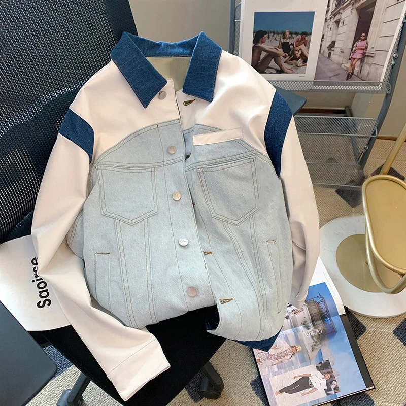 

Casual High Street Blue Denim Stitching Jacket Women 2022 Autumn Tendy Unisex Chic Thick T-shirt Fashion Patchwork Long Sleeve