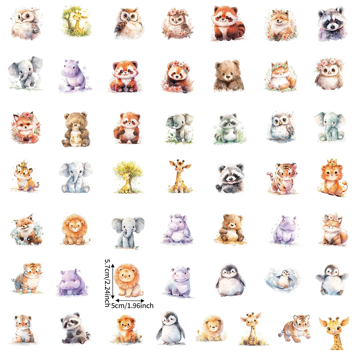50 Cute Animal Stickers Pack, Watercolor Style Forest Animals, Self-Adhesive Decorative Stickers, Suitable for Scrapbooks, Diaries, Laptops, Phone Cases, Birthday Party Favors, Back-To-School Supplies
