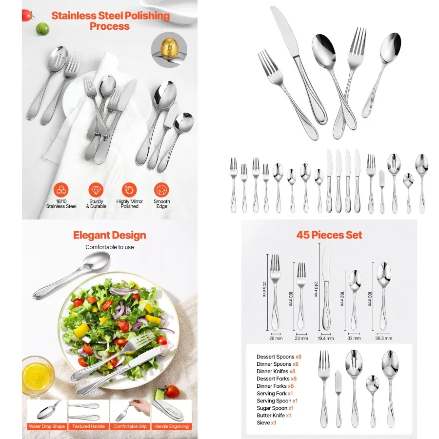 

45Pie Sierware Set Stainl Steel Cutlery Flatware Utensil Kitchen for 8