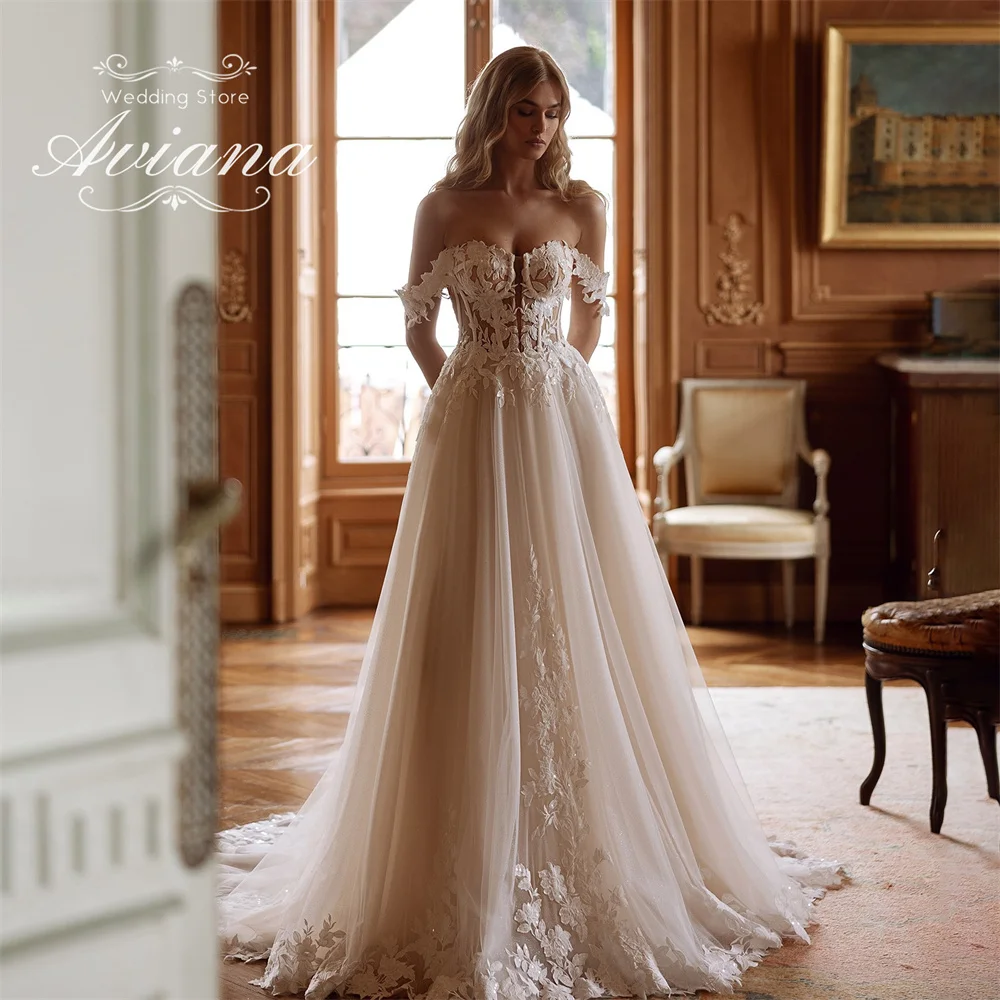

Aviana индивидуальное свадебное платье трапециевидной формы с открытыми плечами и кружевной аппликацией, со шлейфом длиной до пола, корсет с блестками, новейший