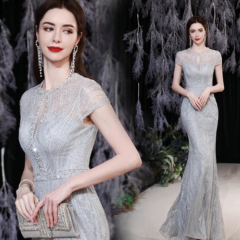 

Lady Rhinestone Mermaid Evening Party Dress Vintage Exquisite Chinese Dress Qipao Sexy Perspective Mesh Robe De Soiree Cheongsam