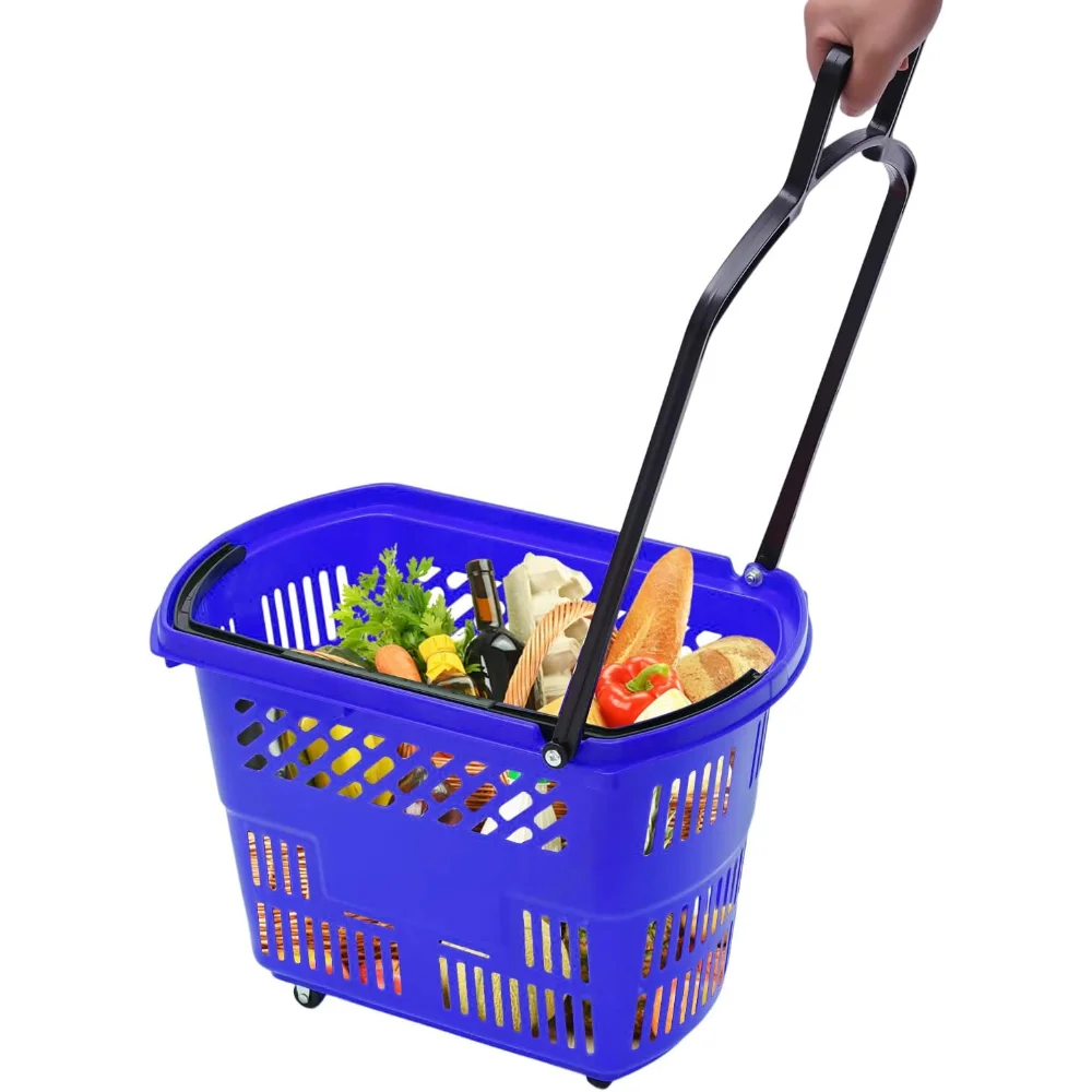 

6 Pcs Shopping Basket with Wheels 35 L Plastic Shopping Cart with Handles Portable Retail Baskets Stackable Grocery Basket