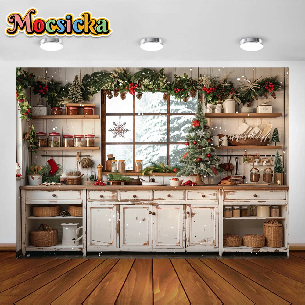 Christmas Kitchen Photography Background Garland Cabinet Xmas Tree Party Decoration Supplies Family Portrait Studio Props