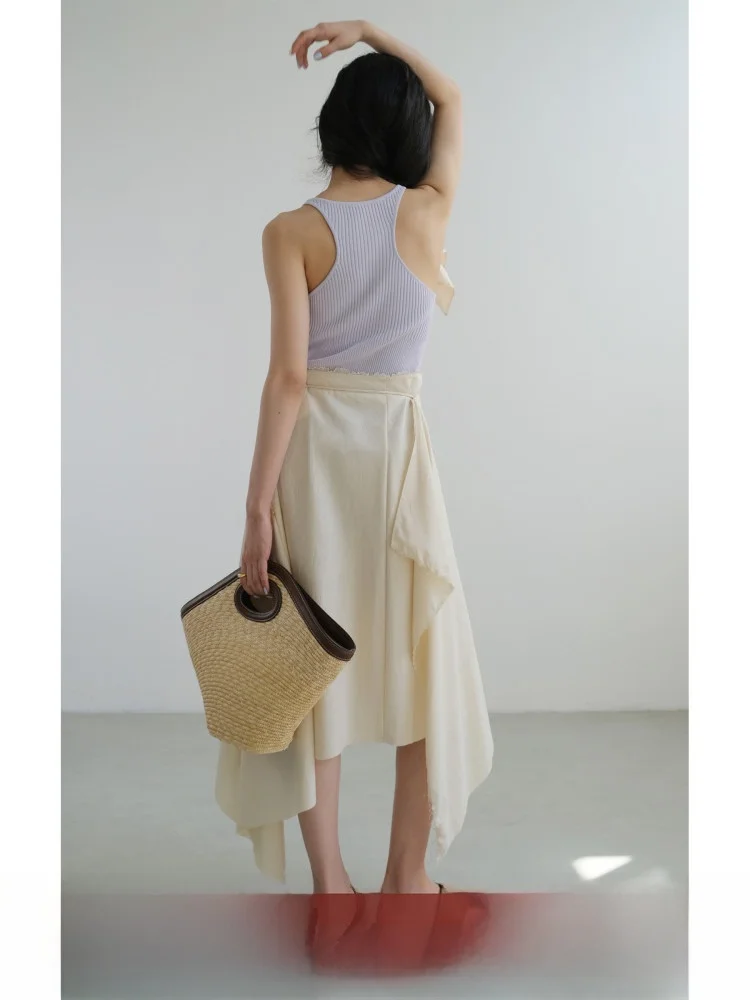 

Slimming High Waist Cotton Linen Lace Trim Breathable Summer Half Skirt Women's Commute Style A-Line Midi Skirt