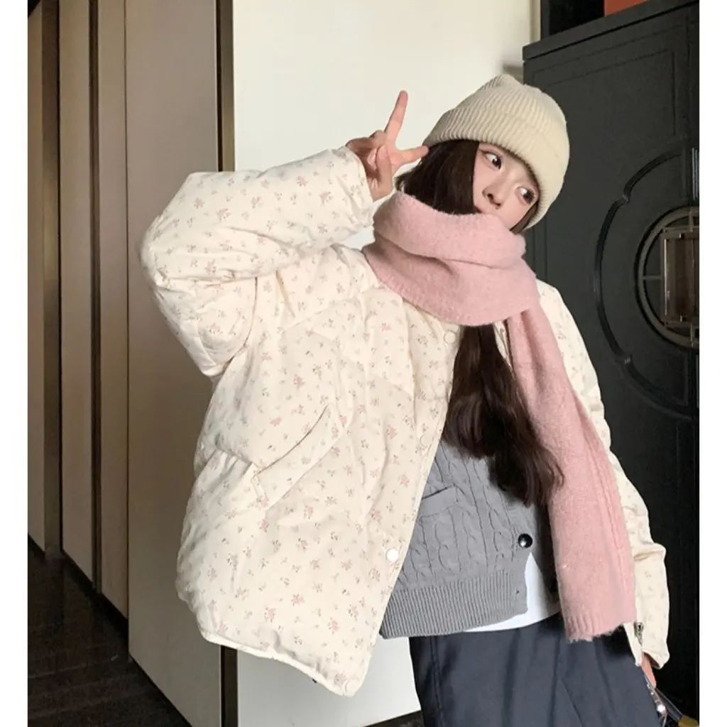 

Очаровательная женская короткая пуховая хлопковая куртка с цветочным принтом в корейском стиле, милая зимняя новинка небольшого размера, модная верхняя одежда