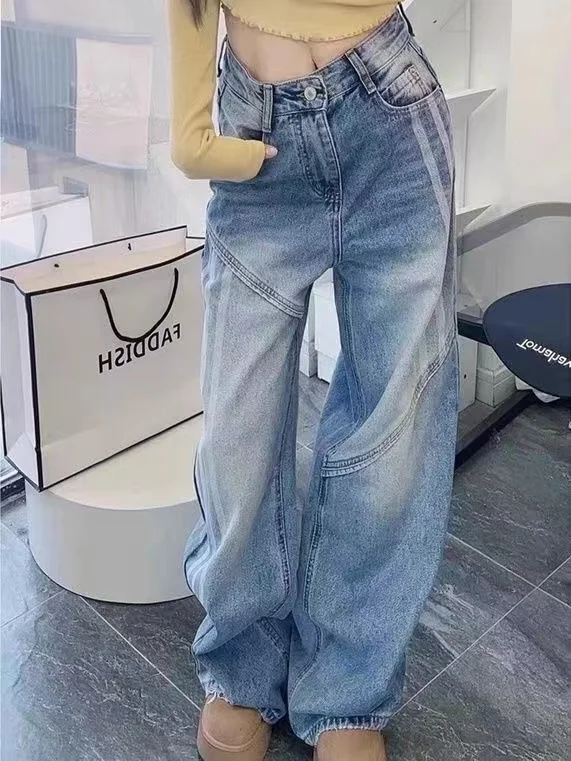 Vintage Wide-Leg Jeans Grey American Style Straight-Leg Casual Pants For Women Loose Fit Draped Spring Autumn 2024 New Arrival