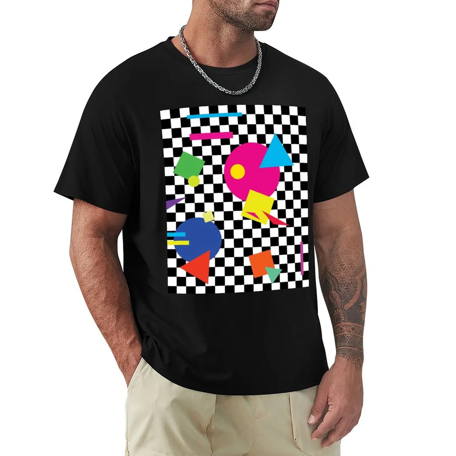 

Retro Classic 1980s Shapes On Black and White Check - Retro Shapes #1 T-Shirt aesthetic clothes t shirts for men