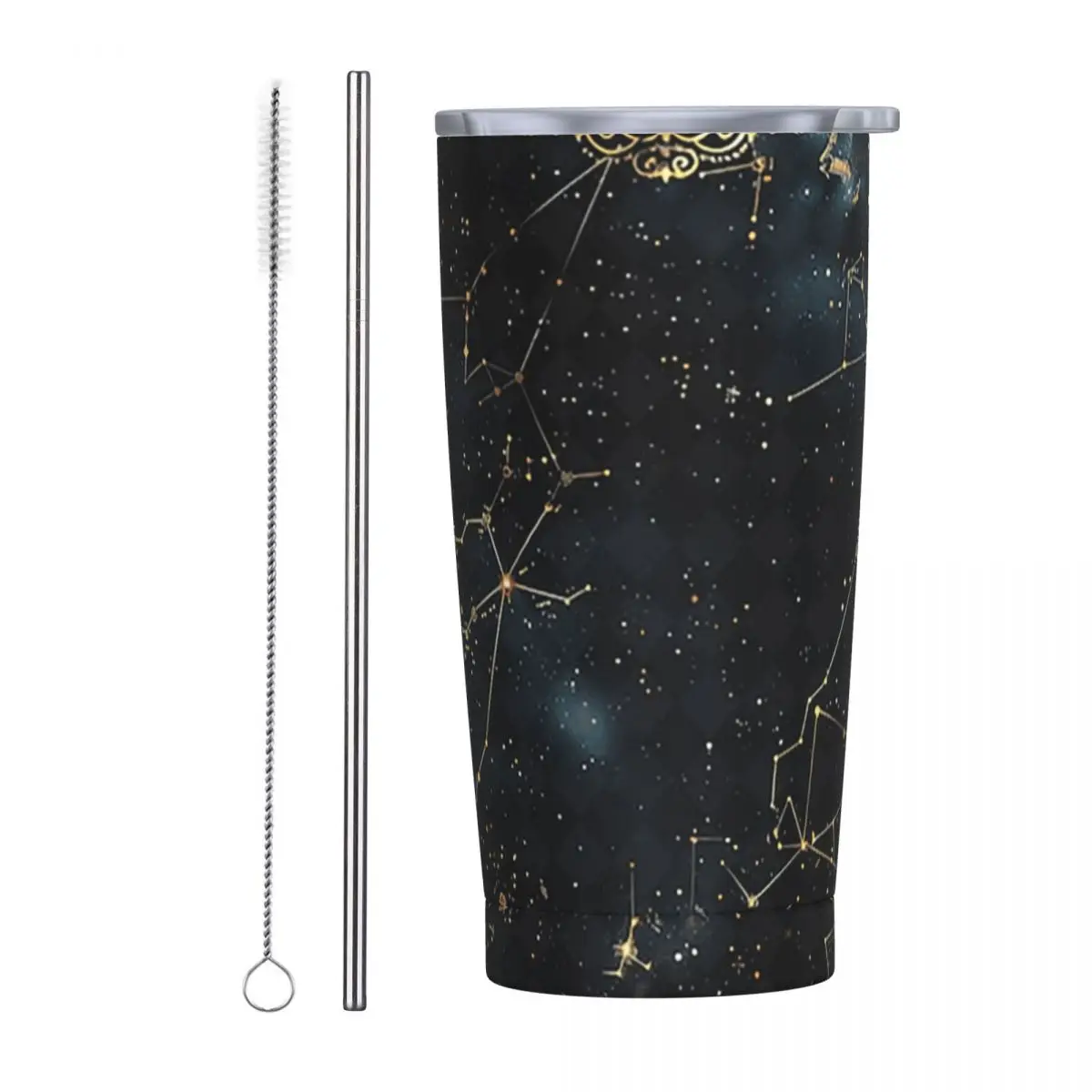 Golden Celestial Stars Zodiac Constellations 8 Stainless Steel Tumbler Vacuum Insulated Mug Thermal Cold Cup Straw With Lid 20oz