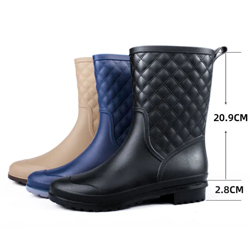 Bottes de Pluie à Carreaux pour Femme, Chaussures d'Eau à Enfiler, Mi-mollet, à la Mode, Nouvelle Collection