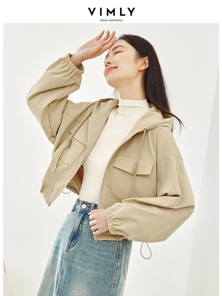 Vimly Khaki Hooded Zipper Cropped Jacket 2023 Autumn Windproof Cargo Coat Women Solid Casual Loose New in Outerwear Female M3993