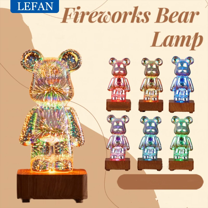 3D RGB Fireworks Bear Glass LED Lamp Colorful Atmosphere Night Light Room Desk Decoration Projector Romantic Bedroom Decor Gift