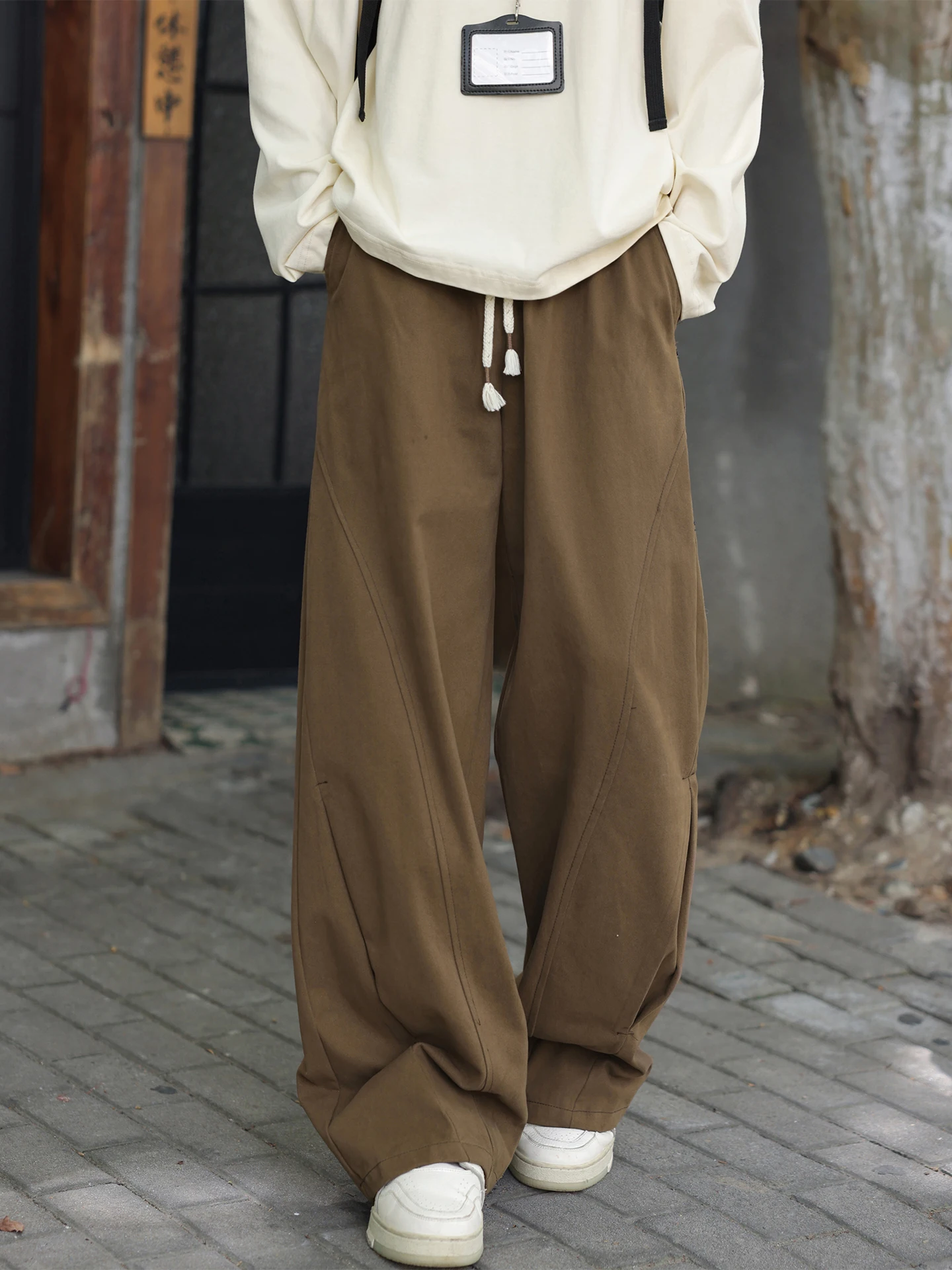 

Мужские брюки в американском ретро-стиле, коричневые, повседневные, свободные, драпированные, длинные, из чистого хлопка, для работы, прямые штанины, весна-осень