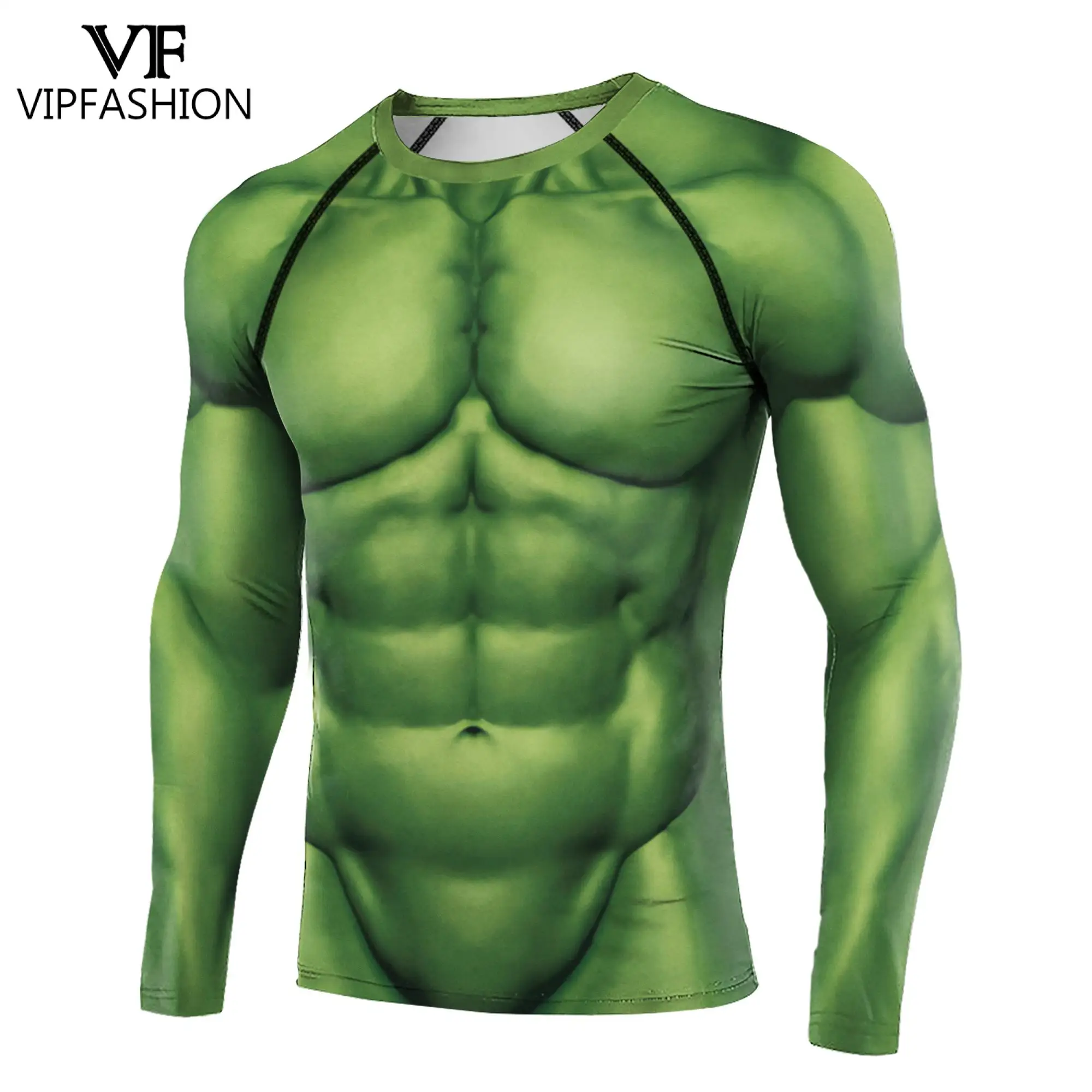 VIP FASHION Green Muscle T-shirt Man Superhero Compression Shirt Top Tee Male Long Sleeve Gym Clothing Cosplay Party Wear