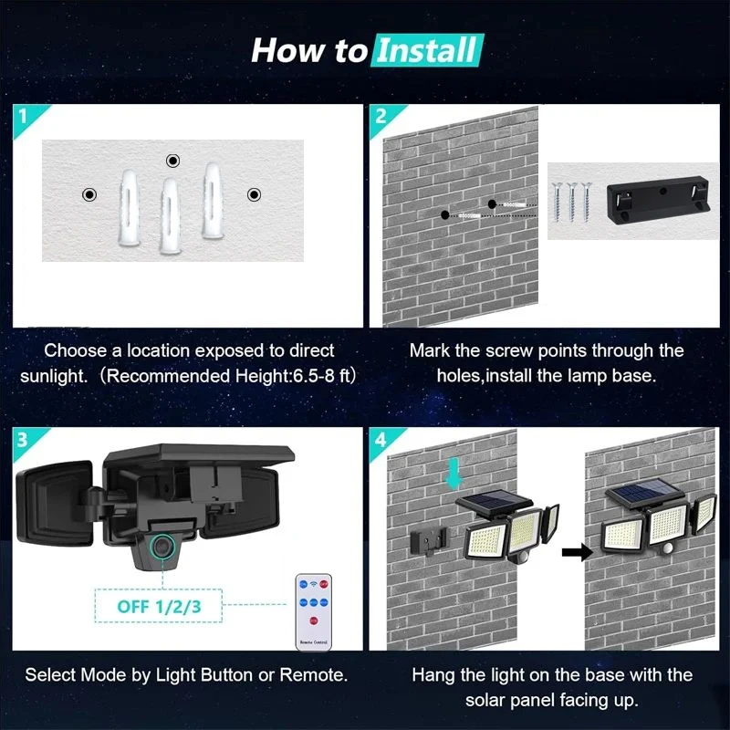 208 LED Solar-Wandleuchte mit 3 Modi, wasserdicht, mit Bewegungssensor, Solarlampe für Garten, Straße, Sicherheitsbeleuchtung – Detail 7