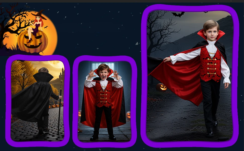 Jungen Halloween Vampir Cosplay Kostüm Kind Erwachsene Vampir Uhr Karneval Party Outfit Kostüme mit falschen Zähnen Gehstock – Detail 3